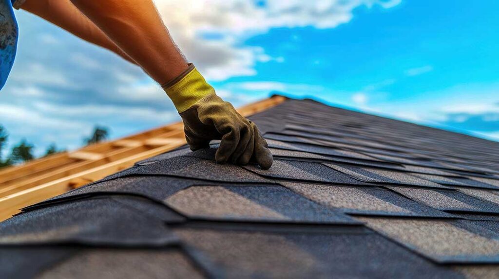 A homeowner cleaning fallen leaves from roof gutters with autumn trees in the background.