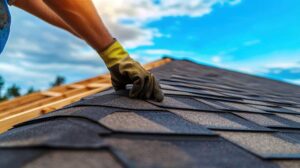 A homeowner cleaning fallen leaves from roof gutters with autumn trees in the background.